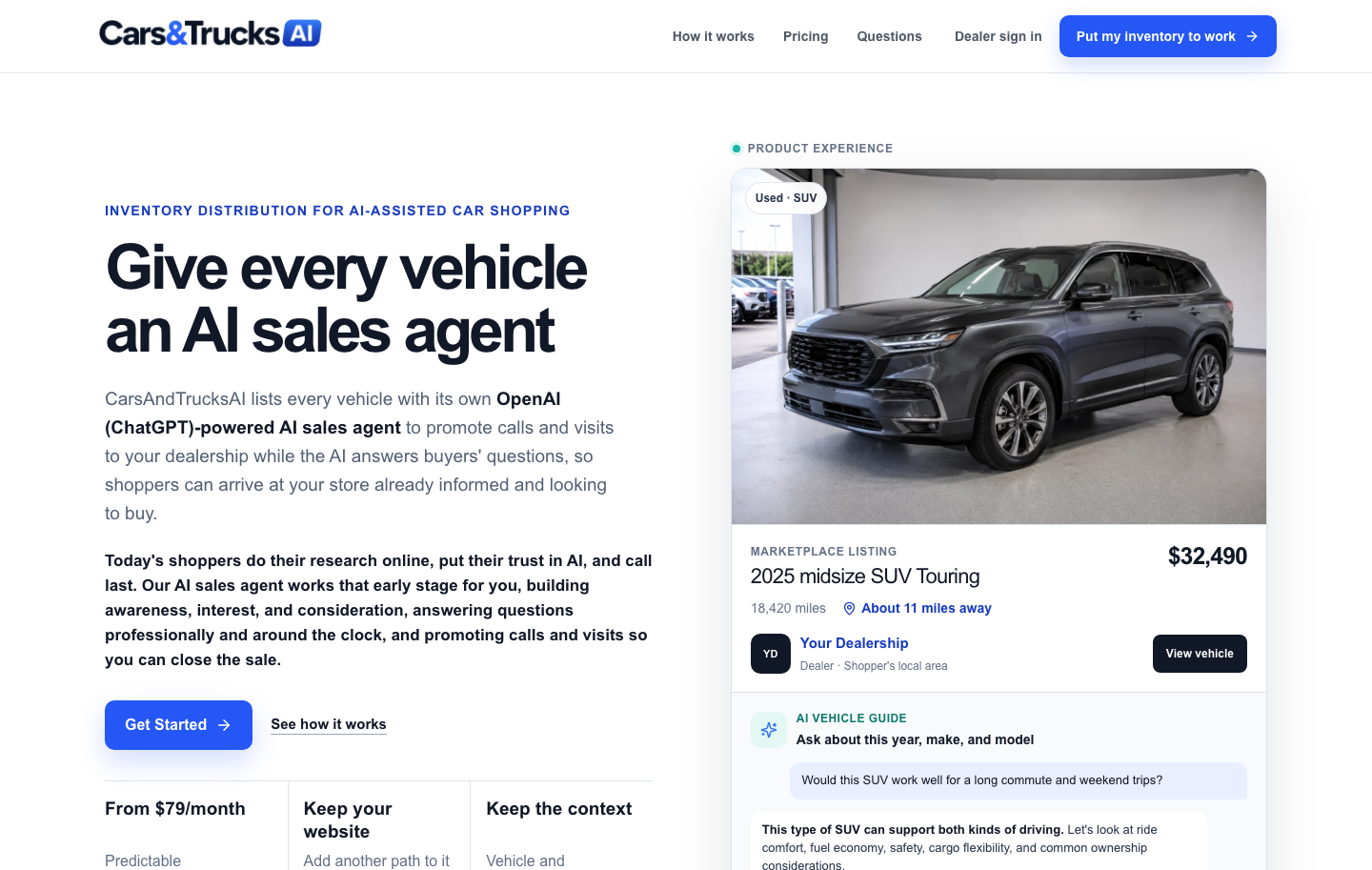 CarsAndTrucksAI dealer page showing an AI Vehicle Guide attached to dealership inventory