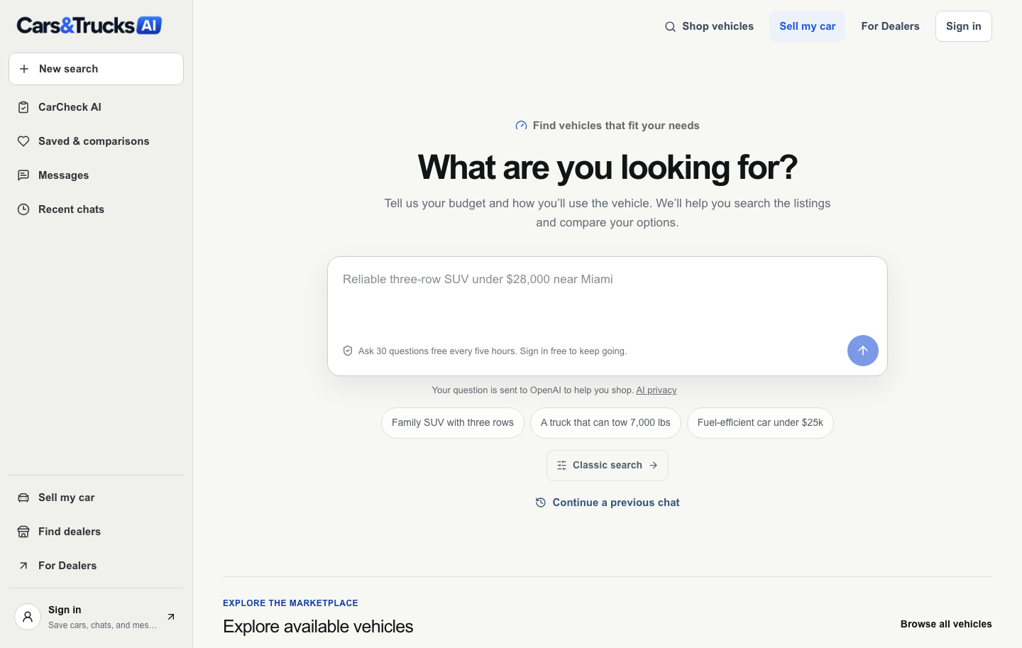 CarsAndTrucksAI homepage with conversational vehicle search and live marketplace access