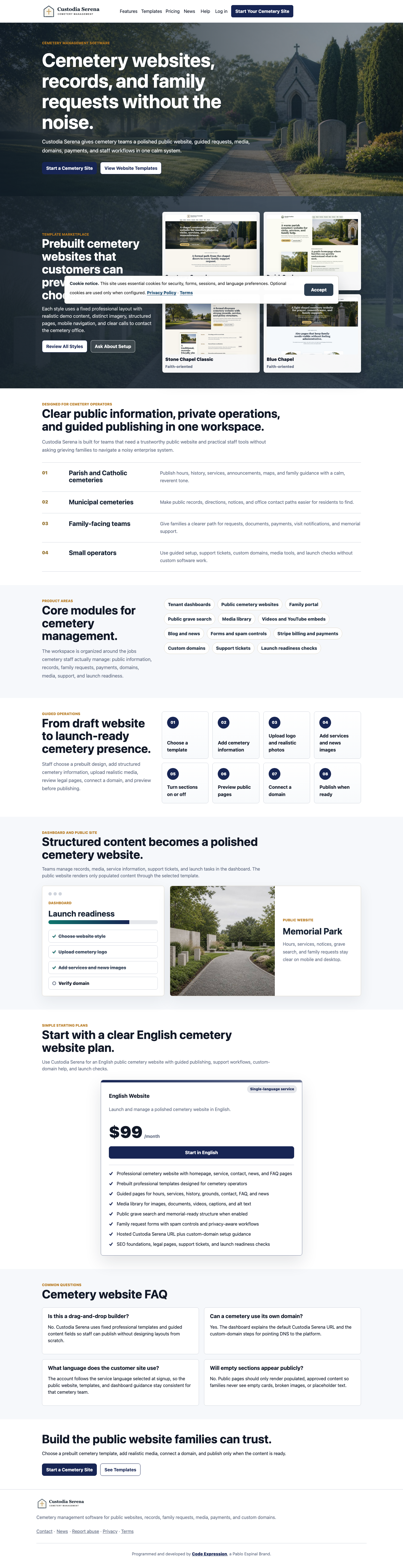 Custodia Serena cemetery website template preview