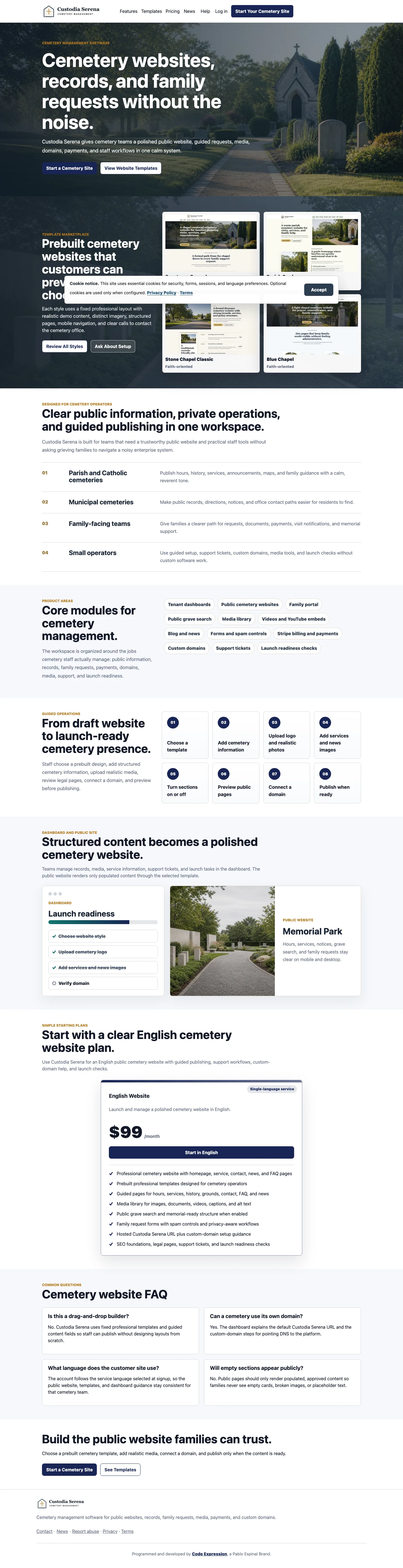 Custodia Serena cemetery website template preview