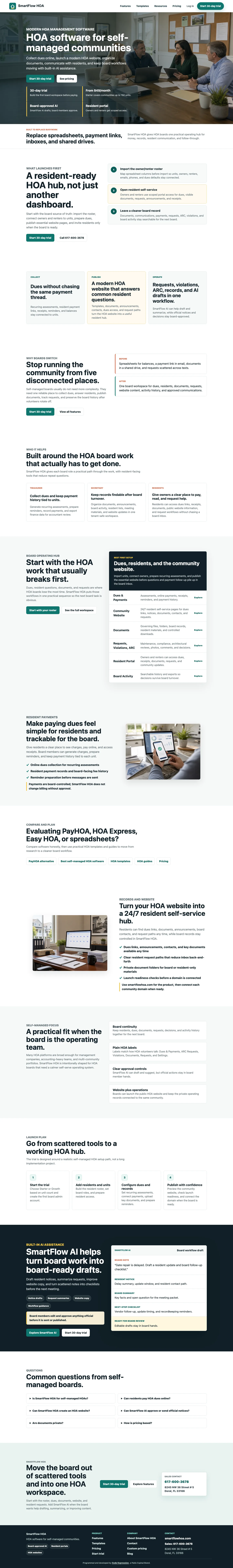 SmartFlow HOA homepage showing self-managed HOA software positioning