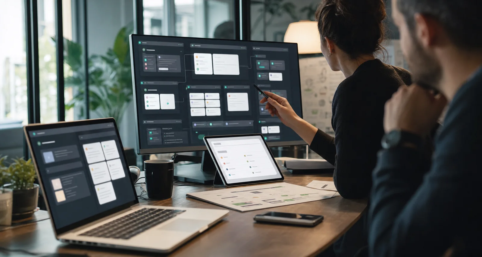 Product team reviewing AI-assisted workflow screens